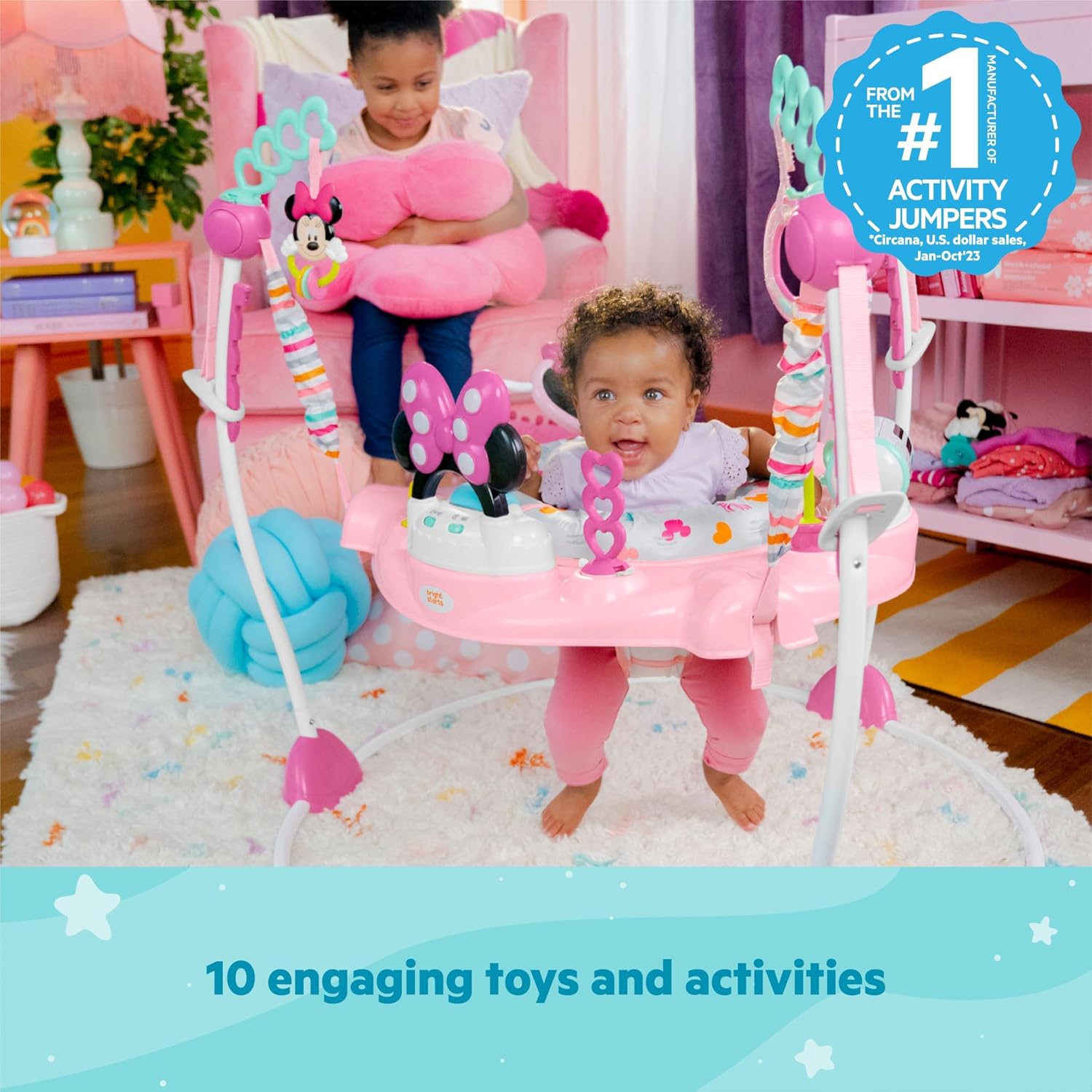 Disney Baby Minnie Mouse Forever Besties Baby Activity Center Jumper with 10 Toys, Lights & Sounds, 360-Degree Seat