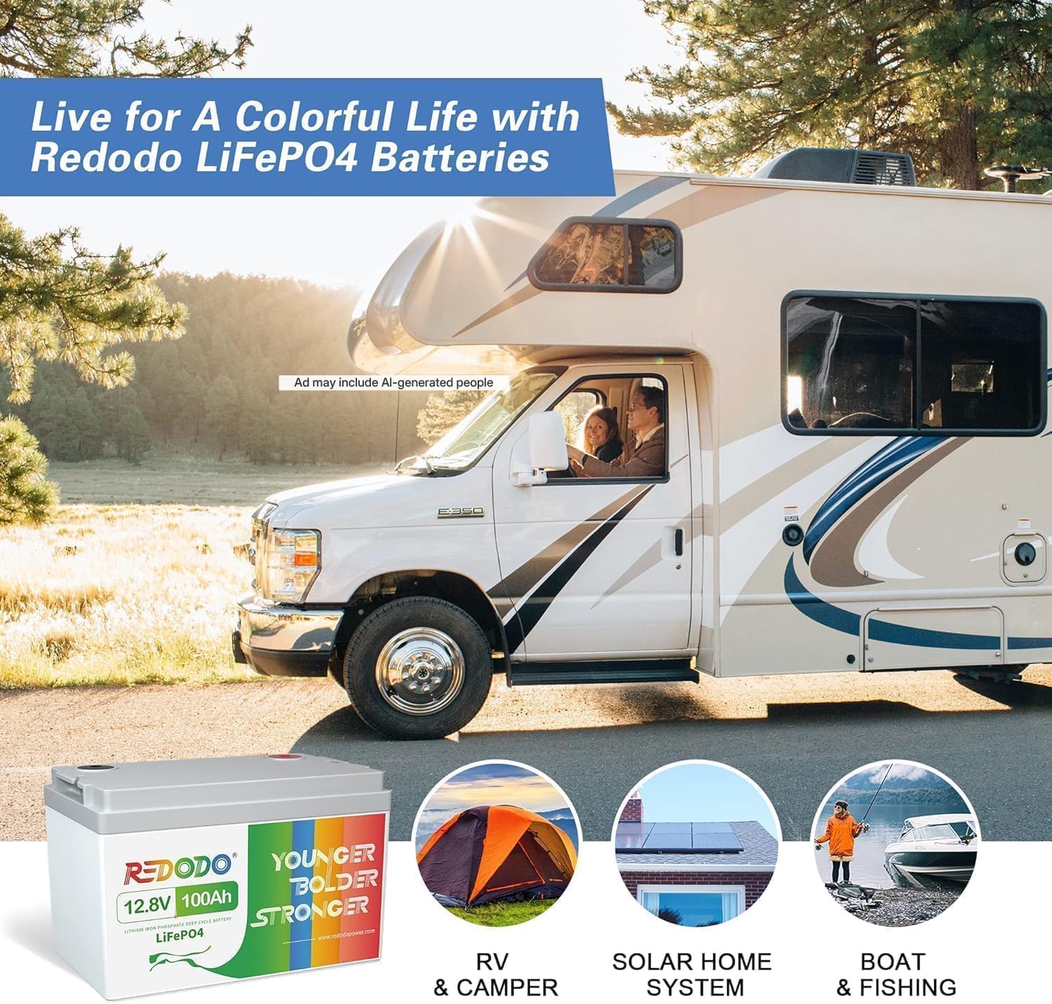 12V 100Ah LiFePO4 Battery, Group 31, for RV, Marine | 100A BMS, 1280Wh, 4000+ Deep Cycles, IP65 Waterproof, 4P4S, 10