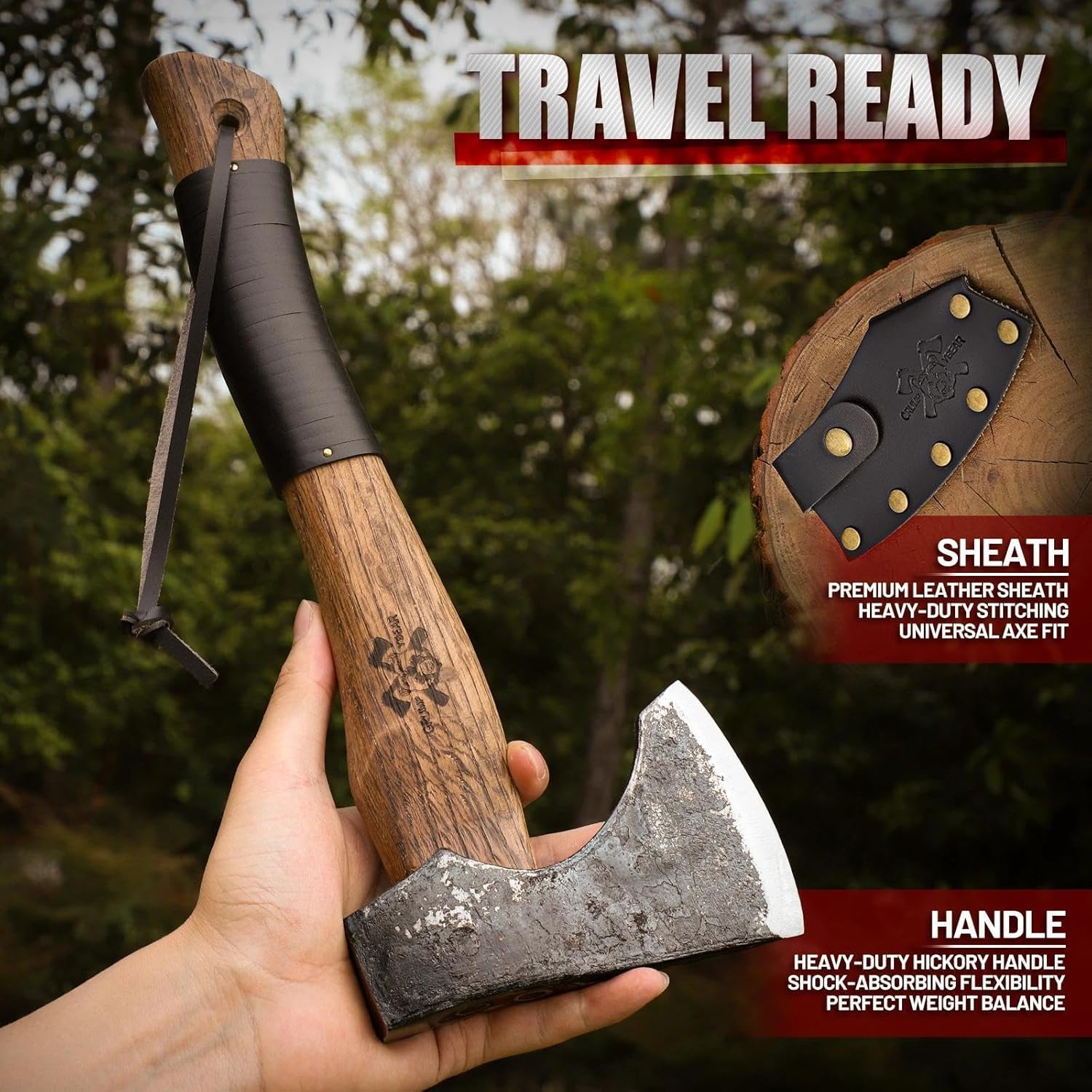 Camping Hatchet, Survival Axe with Sheath, High Carbon Steel and Wood Handle, Anti-Slip Grip – Ideal for Bushcraft