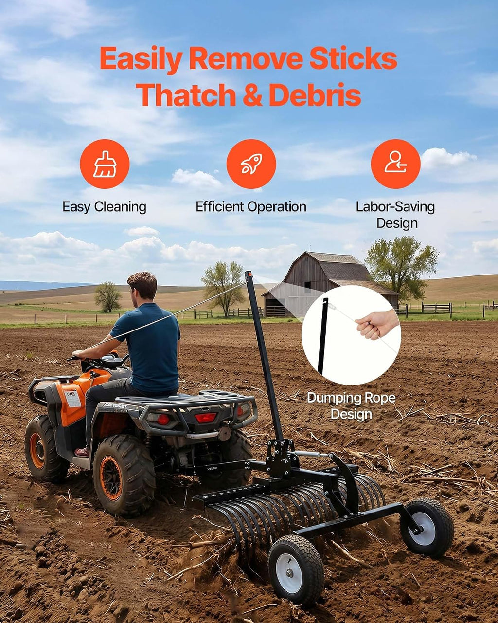 48in Tow Behind Landscape Rake, Pull Behind Lawn Rock Rakes for ATV Mower Tractors, 24 Durable Steel Tines
