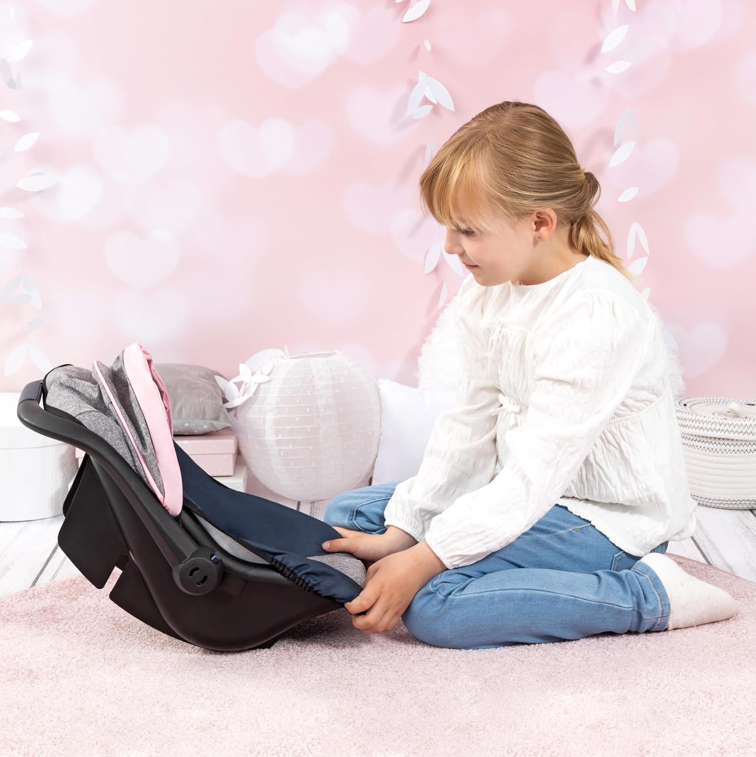 Design Dolls: Car Seat - Grey, Blue, Pink Butterfly - Fits Dolls Up to 18' Kids Pretend Play, Safety Belt, Sun
