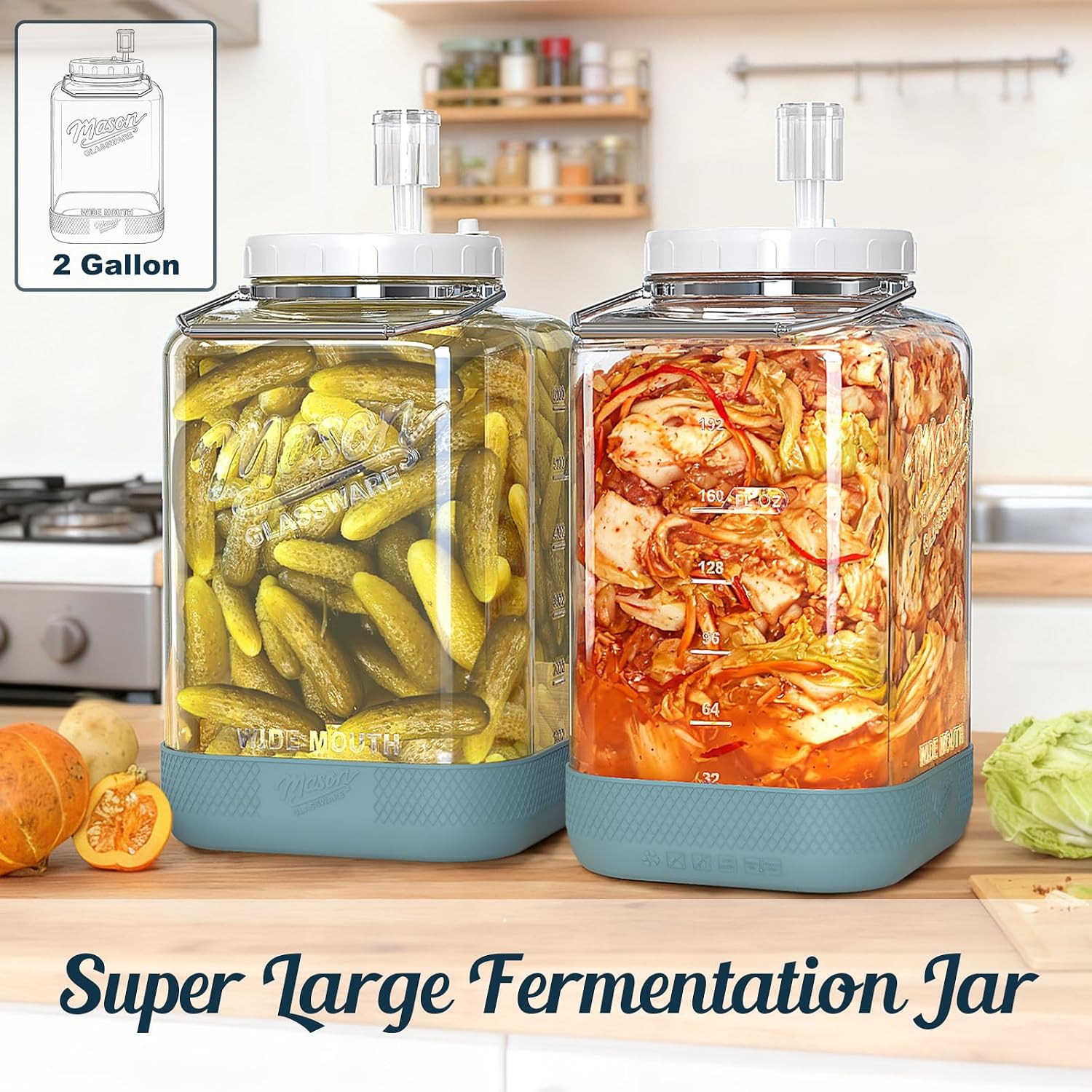 Large Fermentation Jars with Airlock, 2 Gallon Glass Jar with Lid | 2 Pack Square Wide Mouth Mason Jar, Stainless