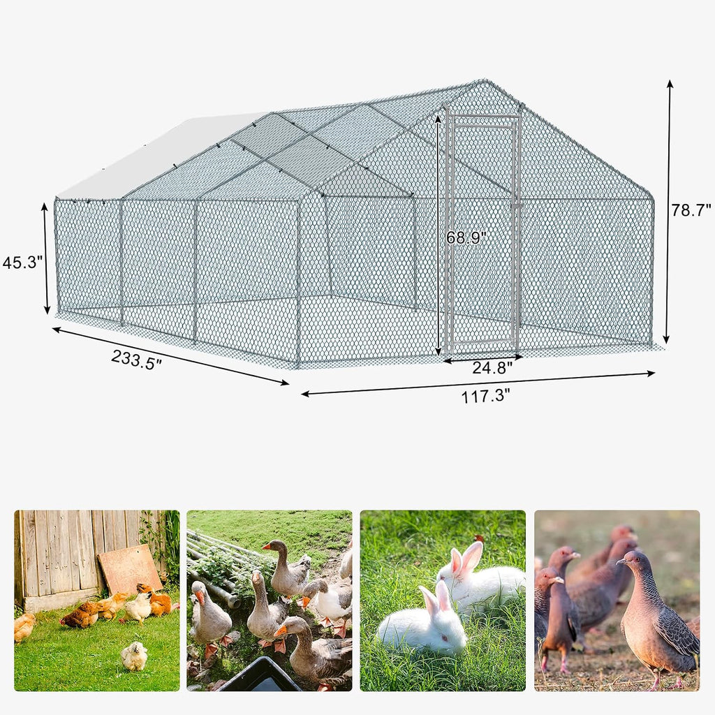 Chicken Coop, 19.5×10 FT Large Metal Chicken House, Poultry Habitat Cage with Waterproof Cover, Walk-in Chicken Run