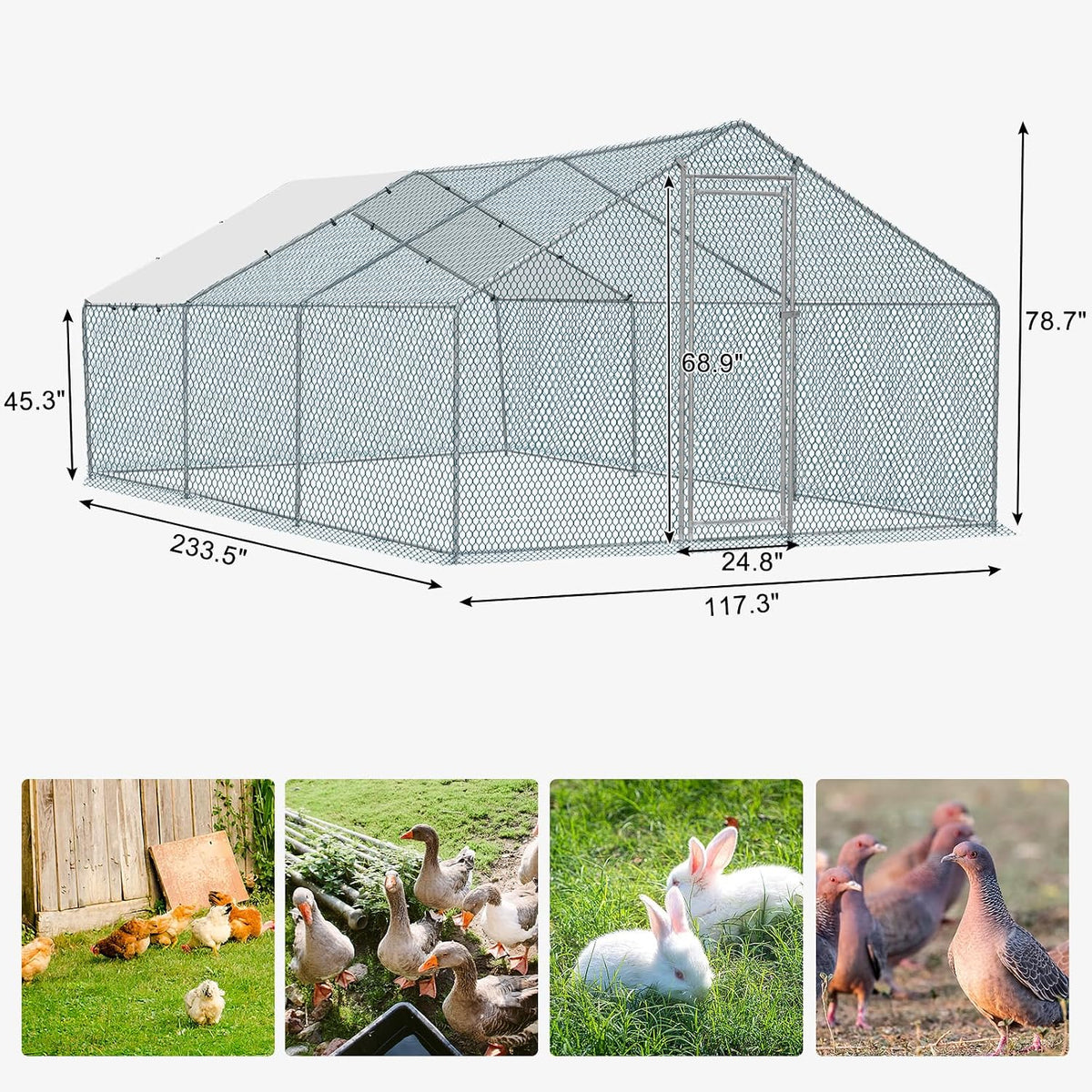 Chicken Coop, 19.5×10 FT Large Metal Chicken House, Poultry Habitat Cage with Waterproof Cover, Walk-in Chicken Run