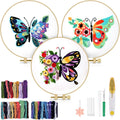 3 Sets Embroidery Stitch Practice kit, Butterfly Flower Embroidery Kit for Beginners Include Cloth Hoops Threads for