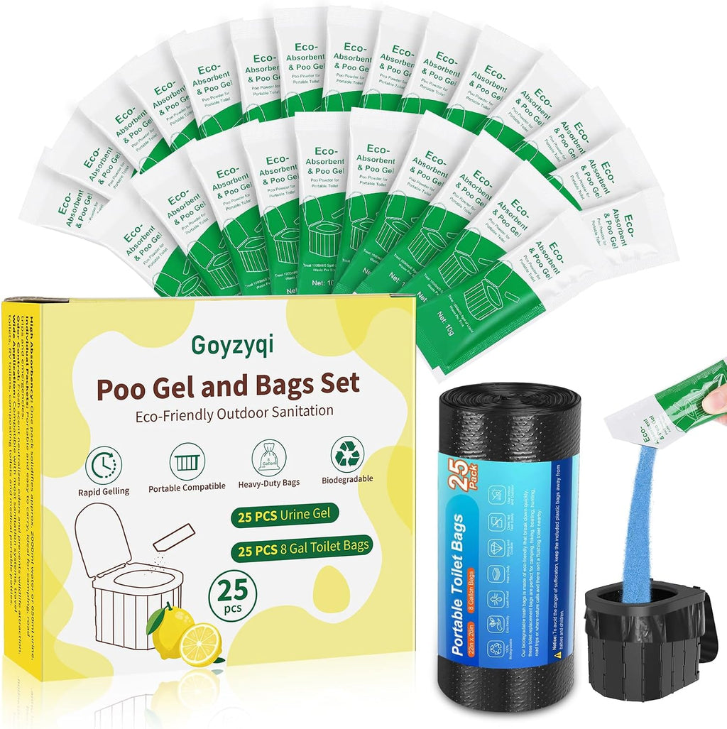 25 Poo Gel and 25 Portable Toilet Bags Set, 8 Gal Biodegradable Waste Bags | Lemon Scent Portable Camping Toilet Bag