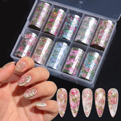 10 Rolls Flower Nail Art Foils Stickers Colorful Rose Floral Designs