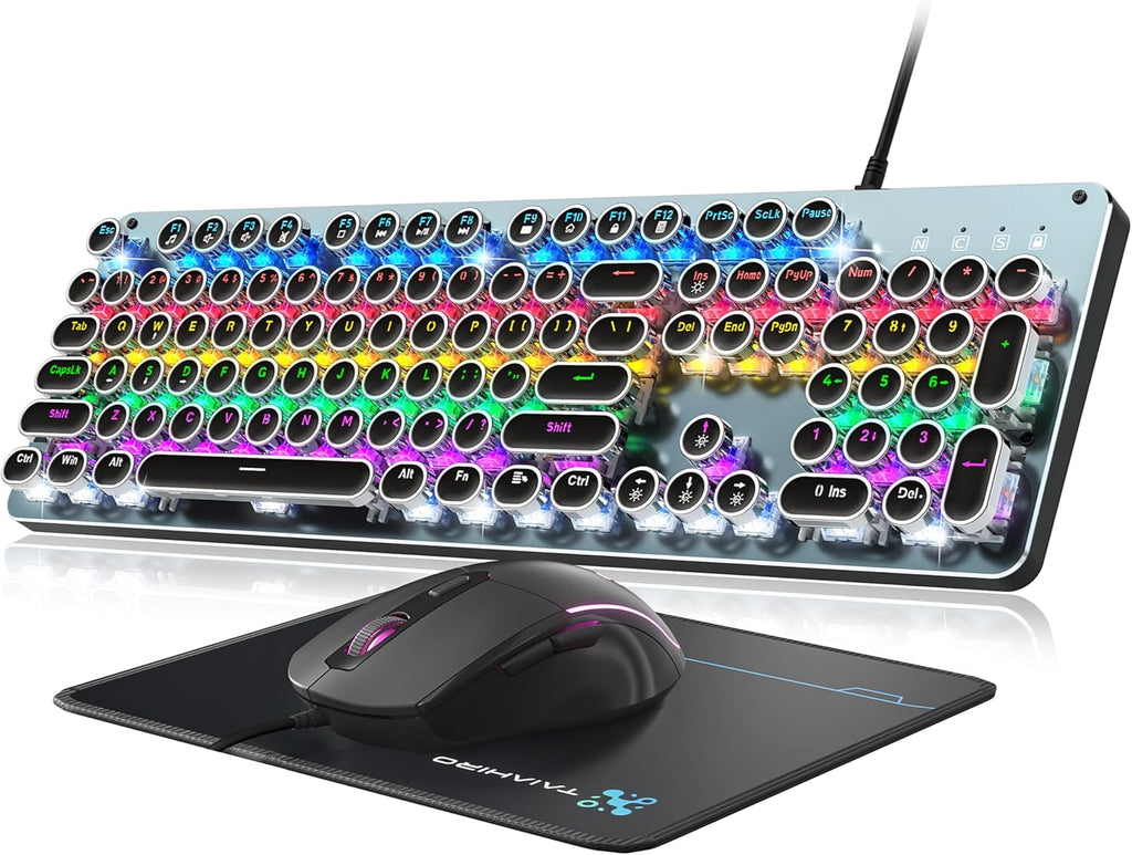 Typewriter Style Mechanical Gaming Keyboard Blue Switch, Rainbow LED Backlit Wired Computer Keyboards Mouse and Pad