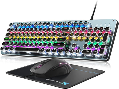 Typewriter Style Mechanical Gaming Keyboard Blue Switch, Rainbow LED Backlit Wired Computer Keyboards Mouse and Pad