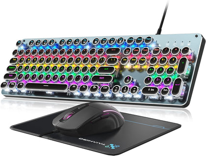 Typewriter Style Mechanical Gaming Keyboard Blue Switch, Rainbow LED Backlit Wired Computer Keyboards Mouse and Pad