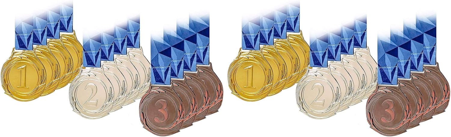 12 Pcs Large Size Metal Medals, Winner Gold Silver Bronze Award Medals with V Neck Ribbon for Events, Classrooms