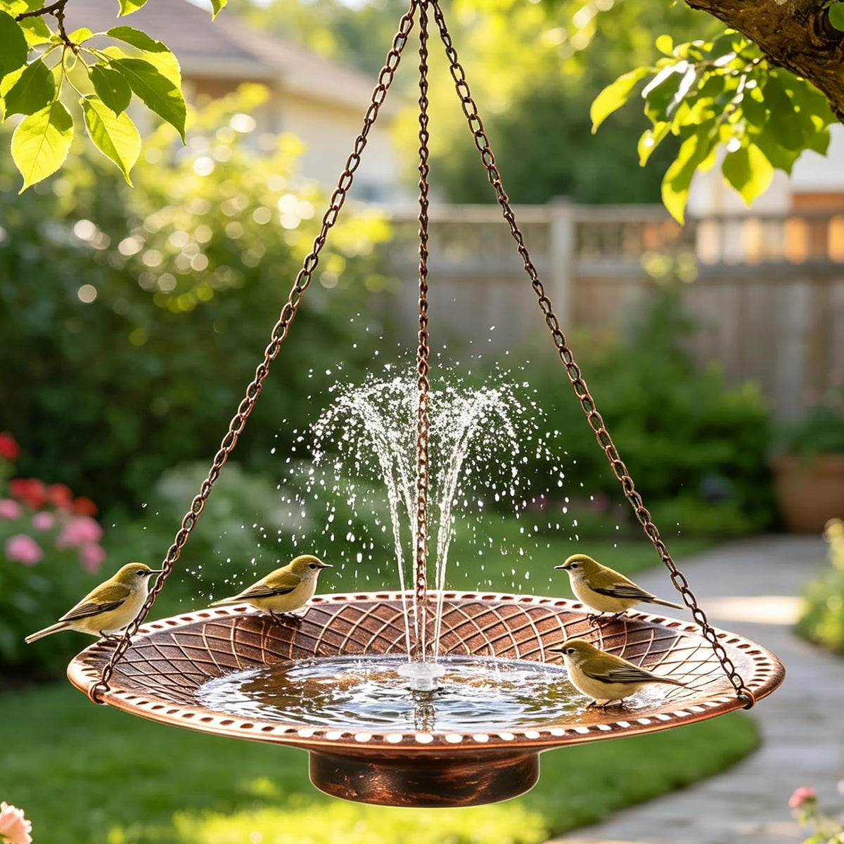 19.6" Large Bird Bath with Solar Fountain, LED & Battery Hanging Birdbath