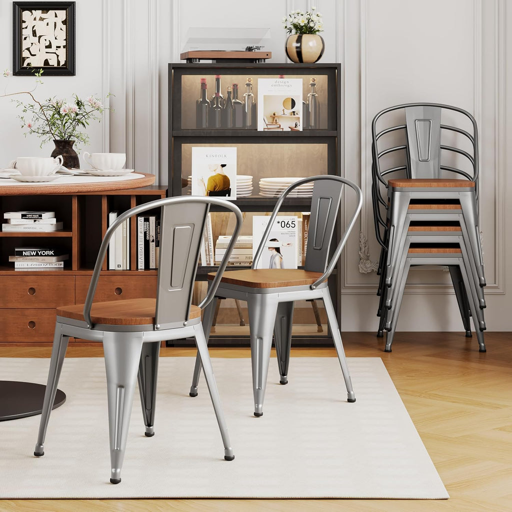 18inch Dining Chair Set of 4, Chic Iron Farmhouse Chairs Side Stools-Silver