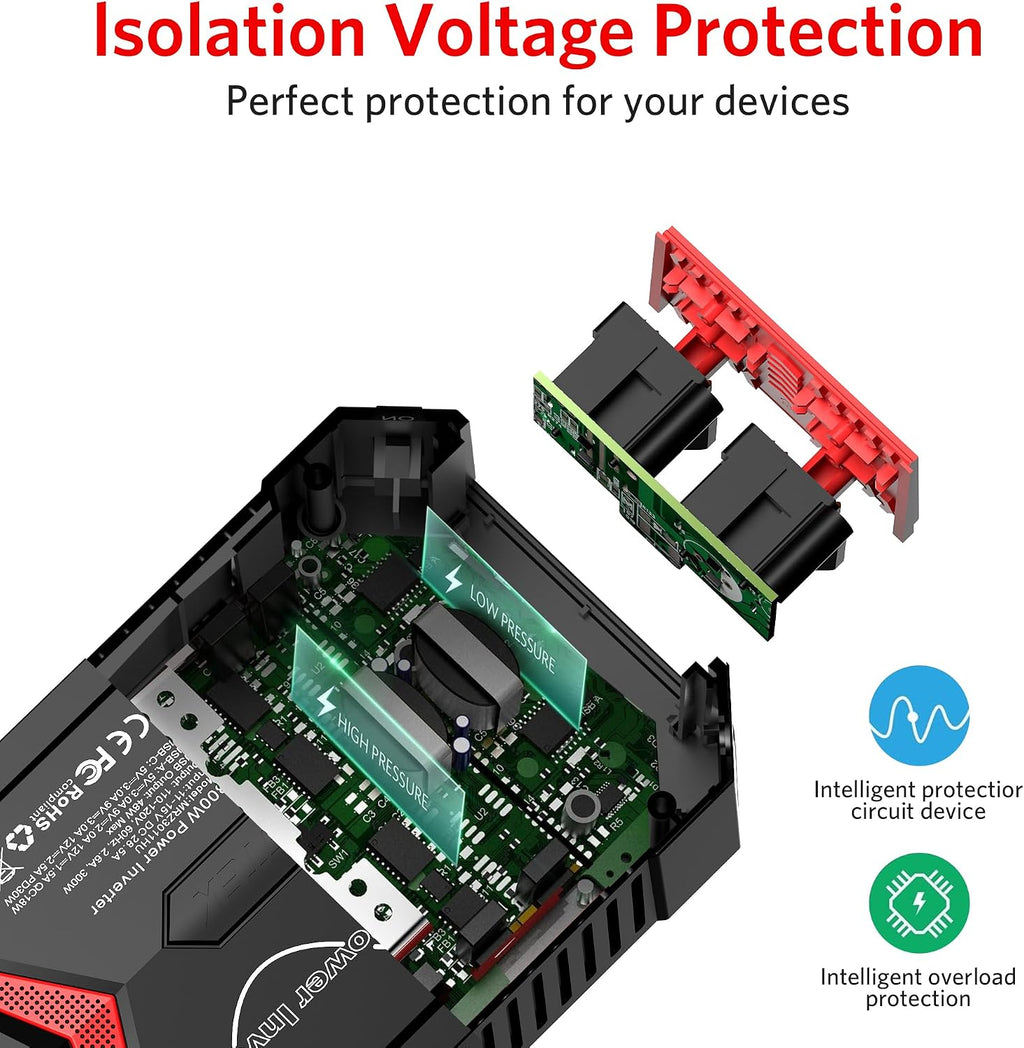 300W Pure Sine Wave Power Inverter - DC 12V to 110V AC Car Converter Plug Adapter Outlet with PD30W USB-C Fast