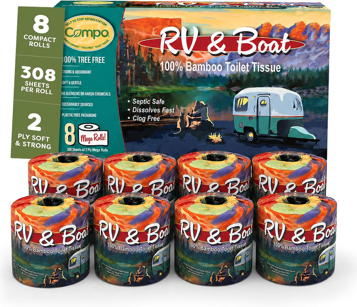 100% Bamboo, Rapid Disolving RV & Boat Toilet Paper, 8 Compact Roll