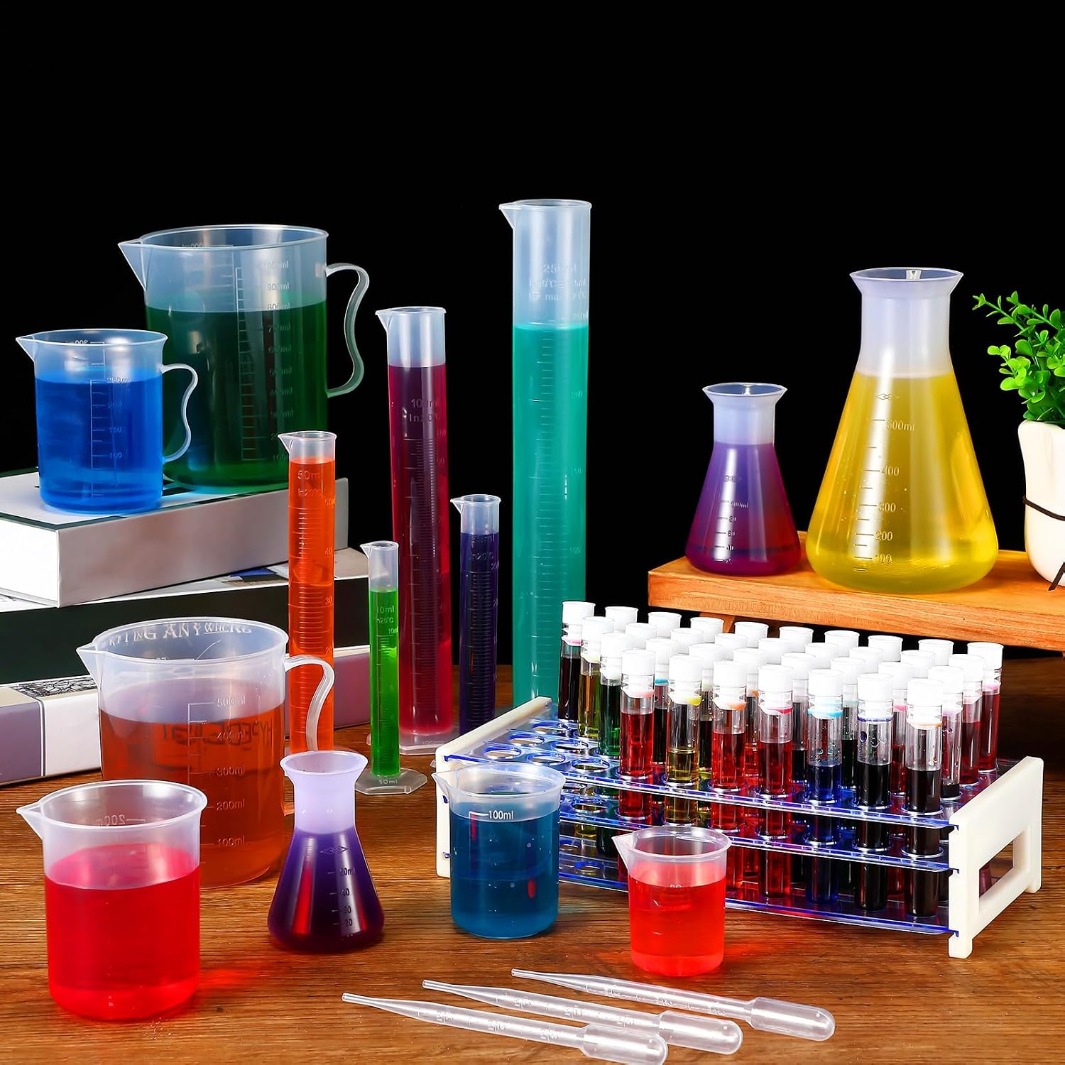 40 Pcs Plastic Test Tubes with Rack Plastic Beakers Lab Party DIY | 5 Graduated Cylinders, 6 Beakers, 3 Flasks, 10