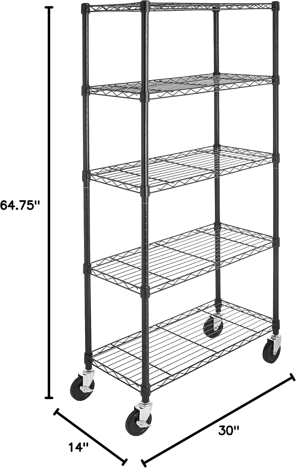 5-Shelf Heavy Duty Garage Shelving Storage Rack with 4" Wheel Casters, Adjustable Metal Wire Organizer, 300 lbs Per