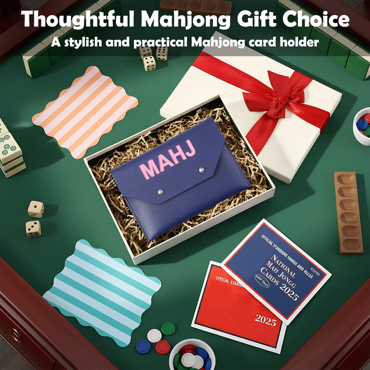 Leather Mahjong Card Holder Gift, Navy Blue, 9.5x6.8 Inch, Solid Color
