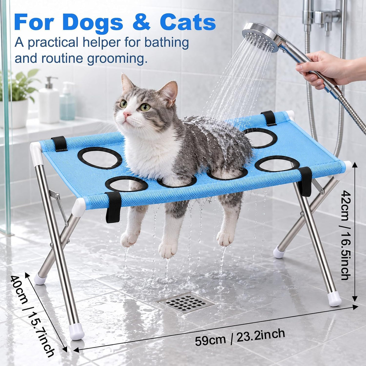 Dog Grooming Hammock Stand, Foldable Pet Bath Hammock with Mesh Sling