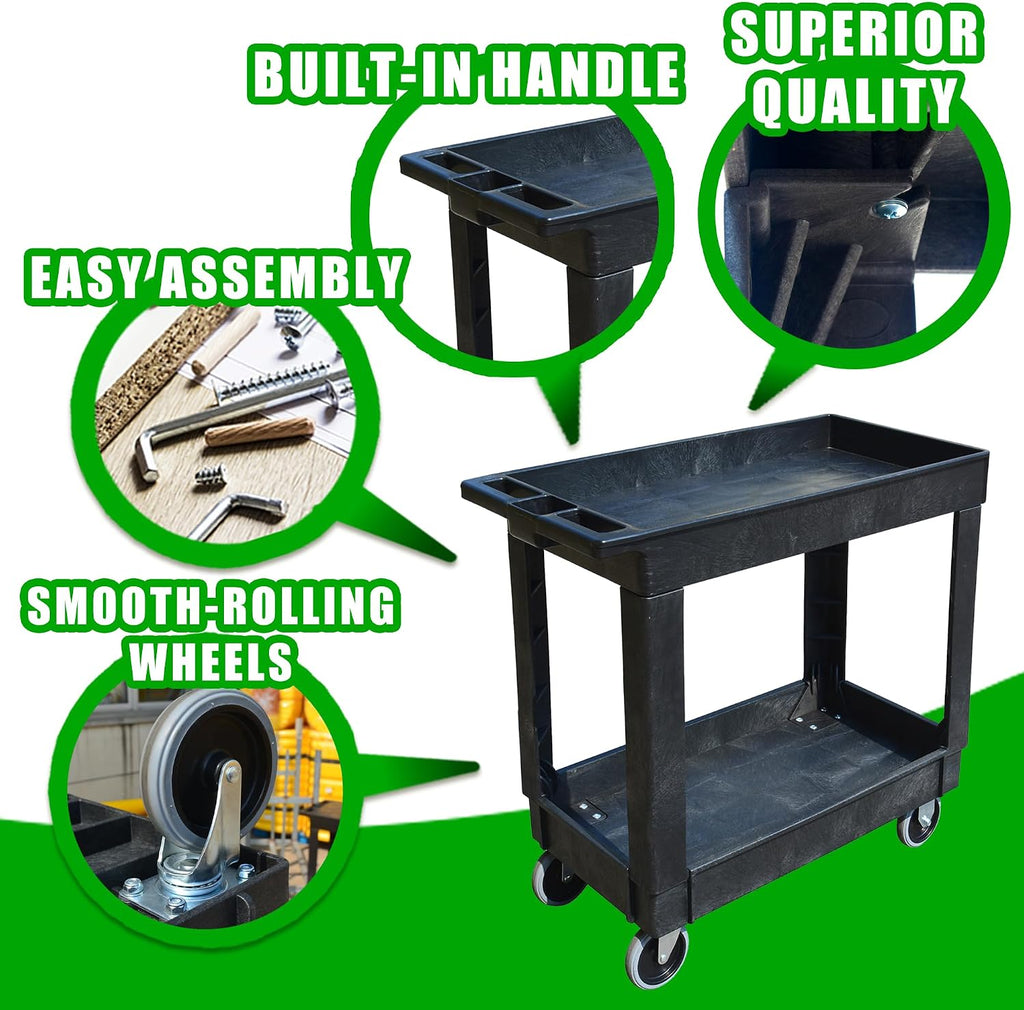 Heavy-Duty Rolling Storage Cart with Open Plastic Shelves and Tall Lip, 500 LB Capacity Utility Cart with Tray Top