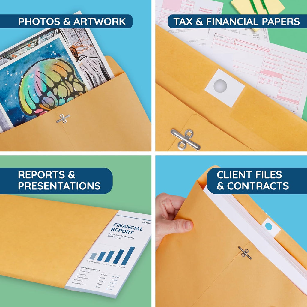 100 10" x 15" Kraft Clasp Envelopes, Gummed Seal
