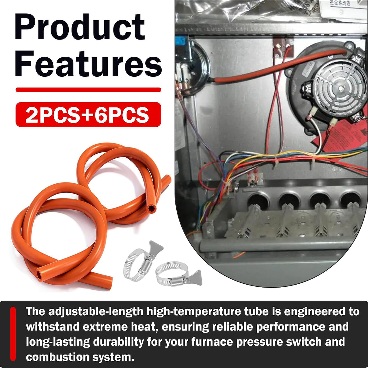 2-Pack Furnace Pressure Switch Hose,3/16" ID x 38" High Temperature Silicone Vacuum Pressure Tubing, Includes 6 pcs 304 Stainless Steel Clamps, Compatible with Rheem Ruud Weatherking 79-21491-83
