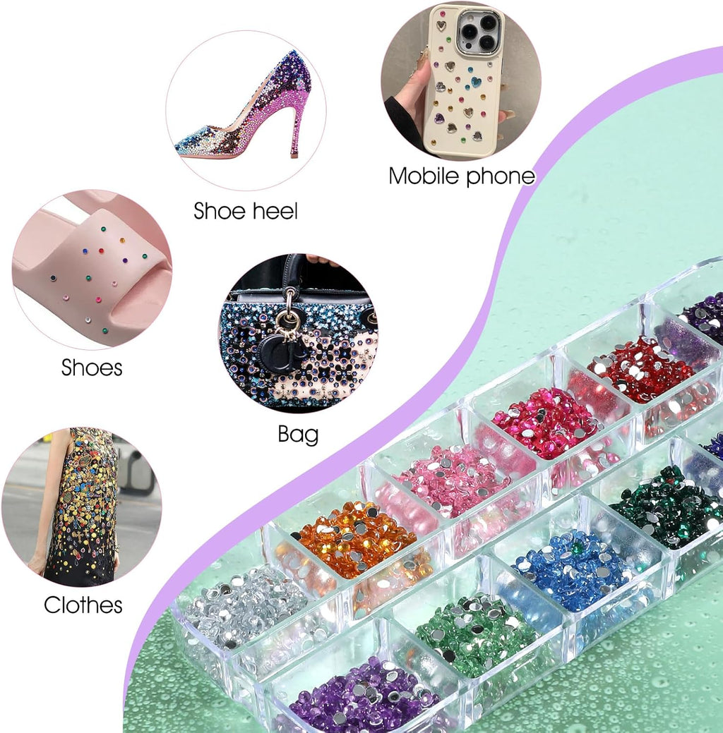 3000PCS Nail Gems and Rhinestones, Multicolor 2mm Gemstones for Nails, Flat Back Rhinestone Nail Charms for Nailart