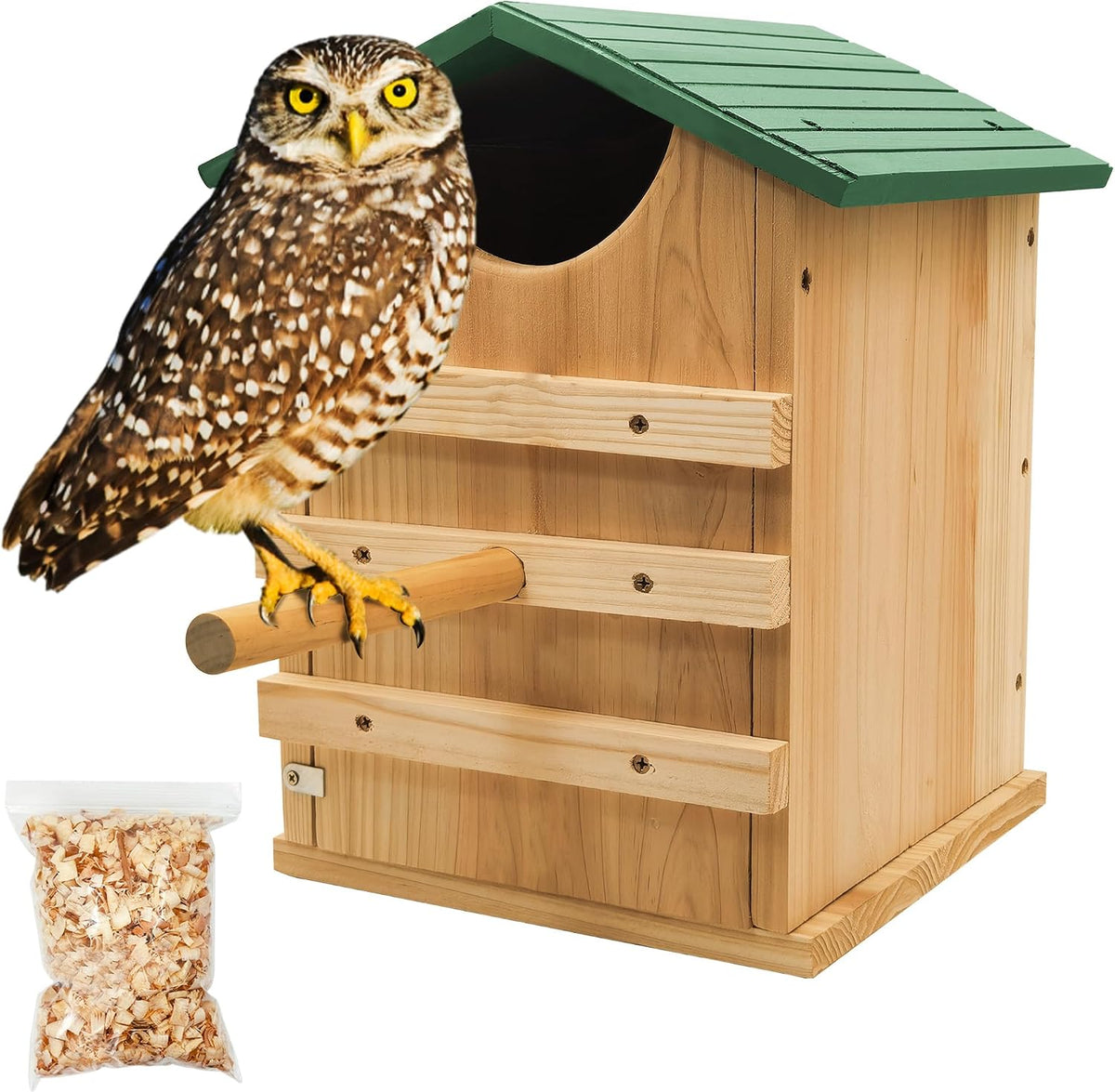 Screech Owl House 13" x 9" x 9", Cedar Wood Owl Box with Bird Stand Design, Owl Nesting Box with Mounting Screws and