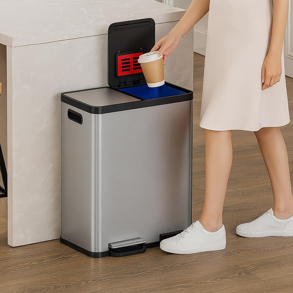 60 Liter / 16 Gallon Rectangular Dual Compartment Kitchen Trash Can & Recycling Bin, Odor Filter, Soft-Close
