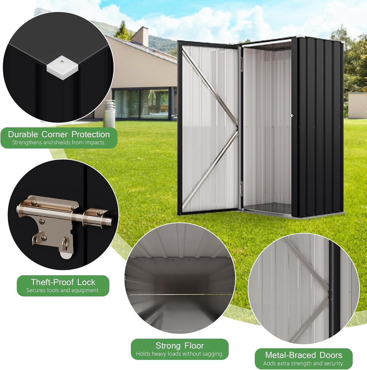 22 Cuft Vertical Storage Shed Without Adjustable Shelves, Black | Metal Tool Garden Outdoor Storage Cabinet with