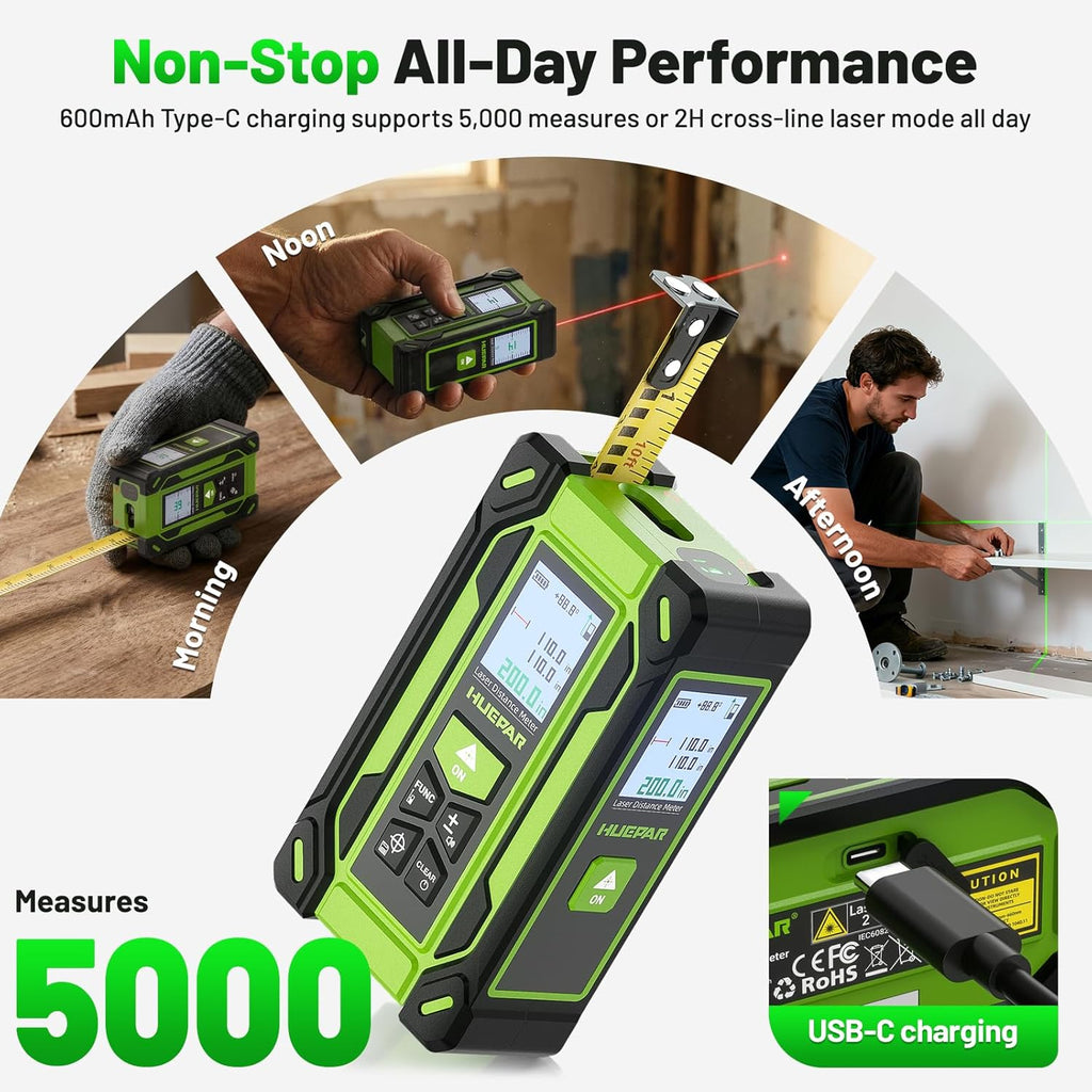 Digital Laser Tape Measure 4-in-1, HUEPAR ±1/16" Laser Measure with Dual HD Display, 200Ft Rechargeable Laser