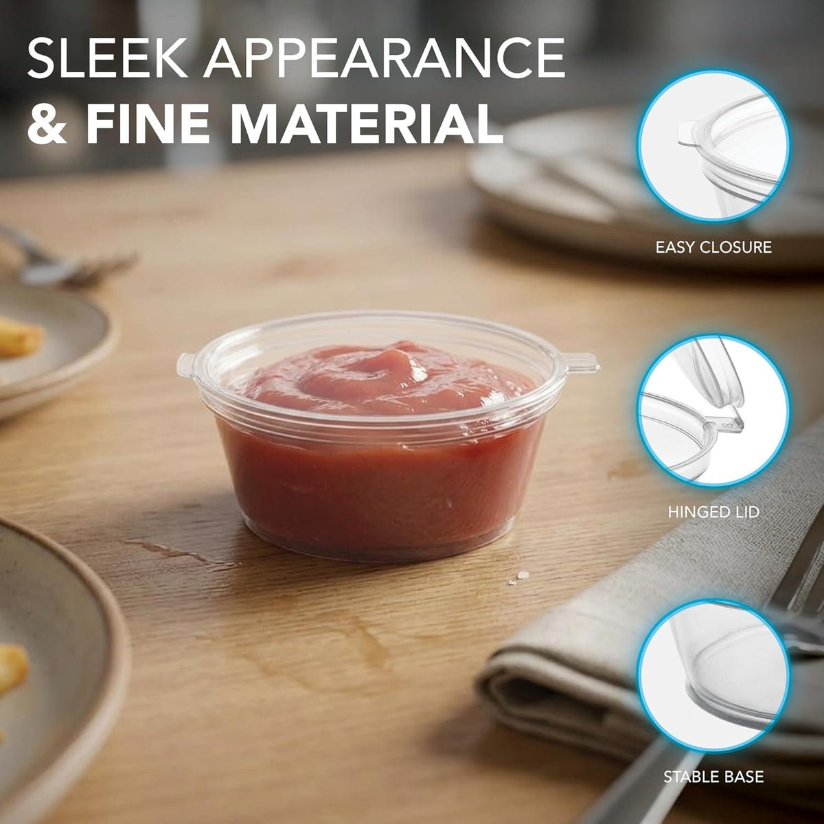 Leak Proof Plastic Condiment Souffle Containers with Attached Airtight Portion Cup with Hinged Lid for Sauces
