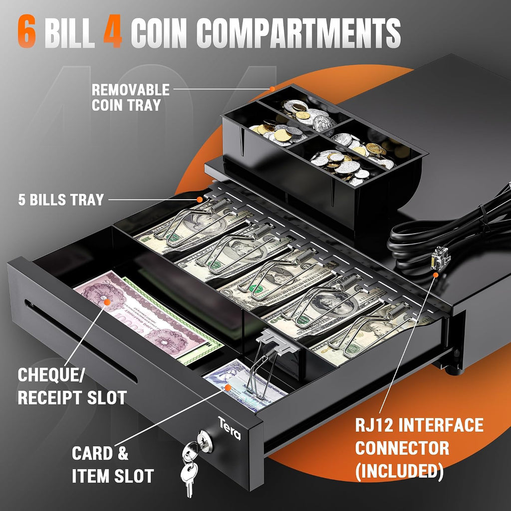 Cash Register Drawer 16 Inch: 6 Bill 4 Coin Media Slot for POS, 4042G | RJ-12, Metal Case, Auto & Manual Open