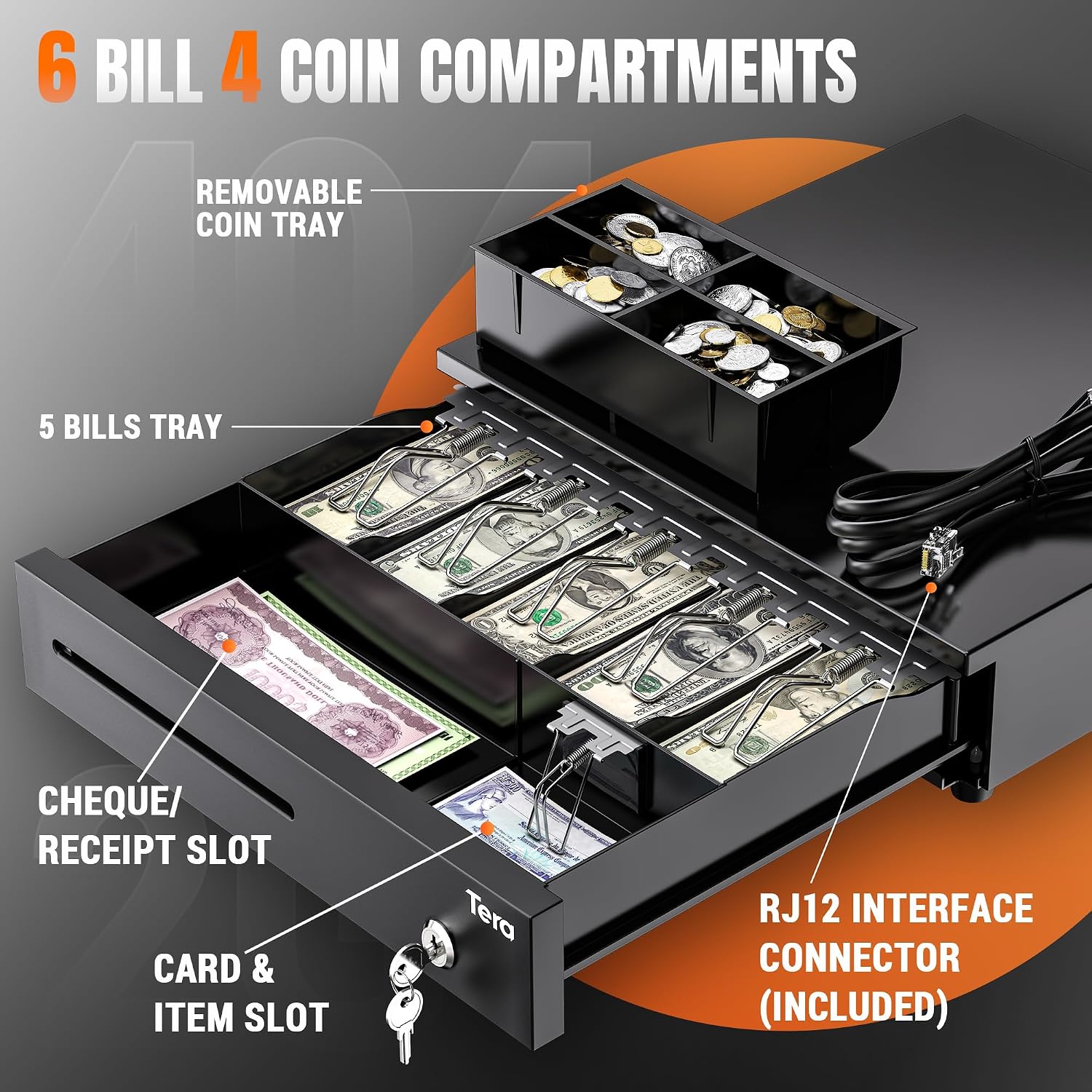Cash Register Drawer 16 Inch: 6 Bill 4 Coin Media Slot for POS, 4042G | RJ-12, Metal Case, Auto & Manual Open