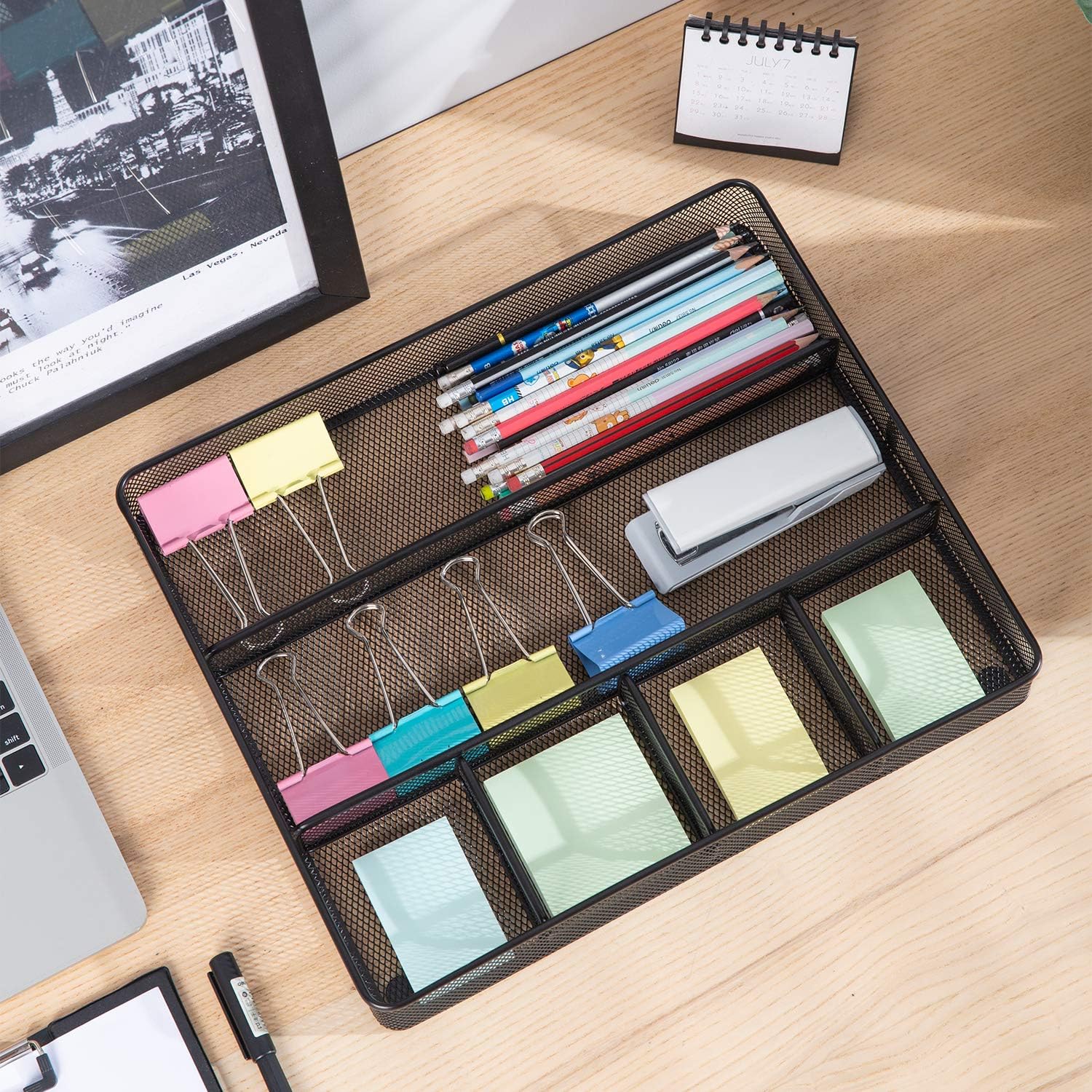 Metal Mesh Desk Organizer with 6 Compartments, Anti-Slip Pen Holder Storage Tray for Office Supplies and Home, Black