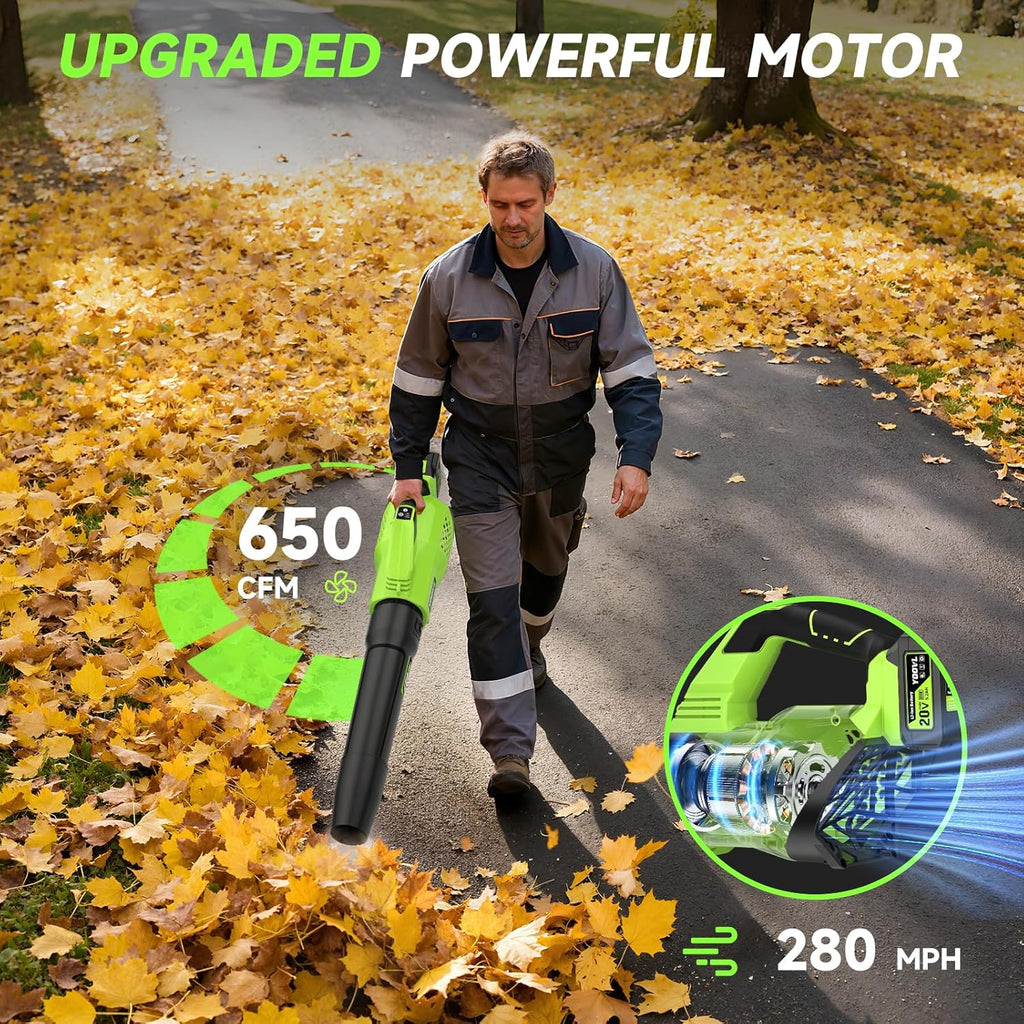 Leaf Blower Cordless, 650CFM Electric Leaf Blowers with 2 x 5.2Ah Batteries and Charger, 3 Speed Modes, 1 x