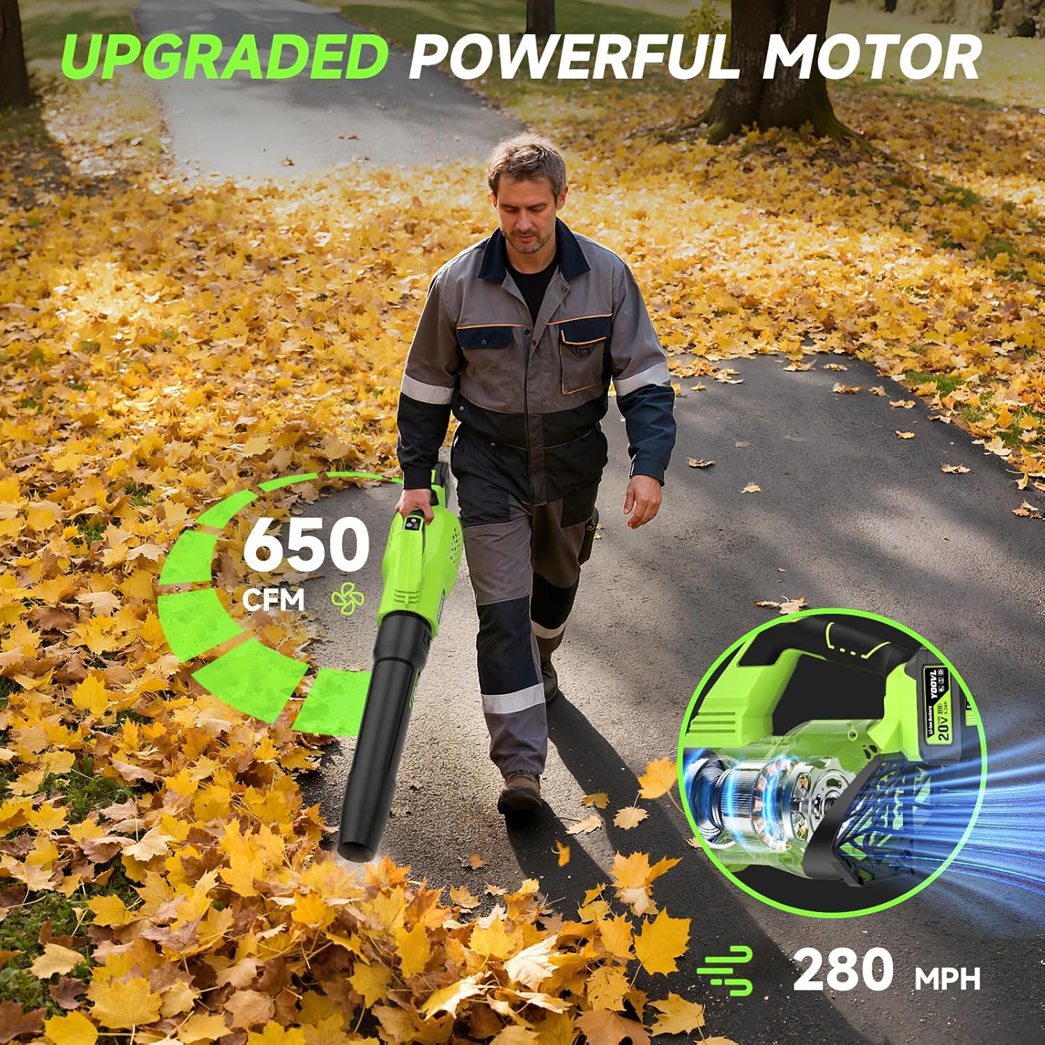 Leaf Blower Cordless, 650CFM Electric Leaf Blowers with 2 x 5.2Ah Batteries and Charger, 3 Speed Modes, 1 x