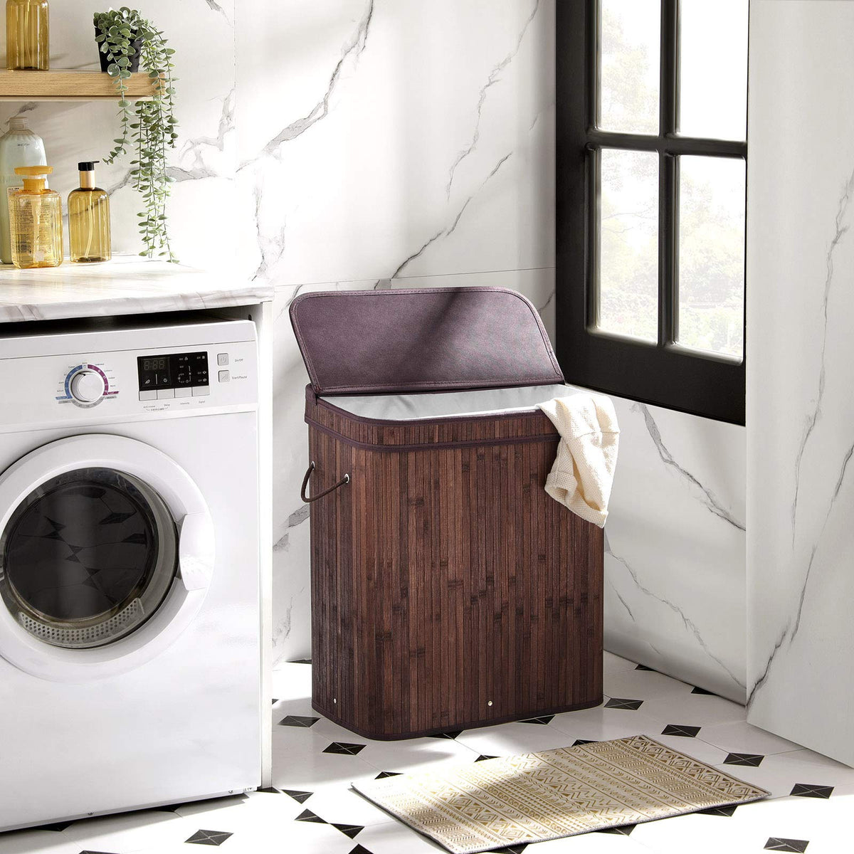 Bamboo Laundry Hamper with Lid, 100L, with Handles