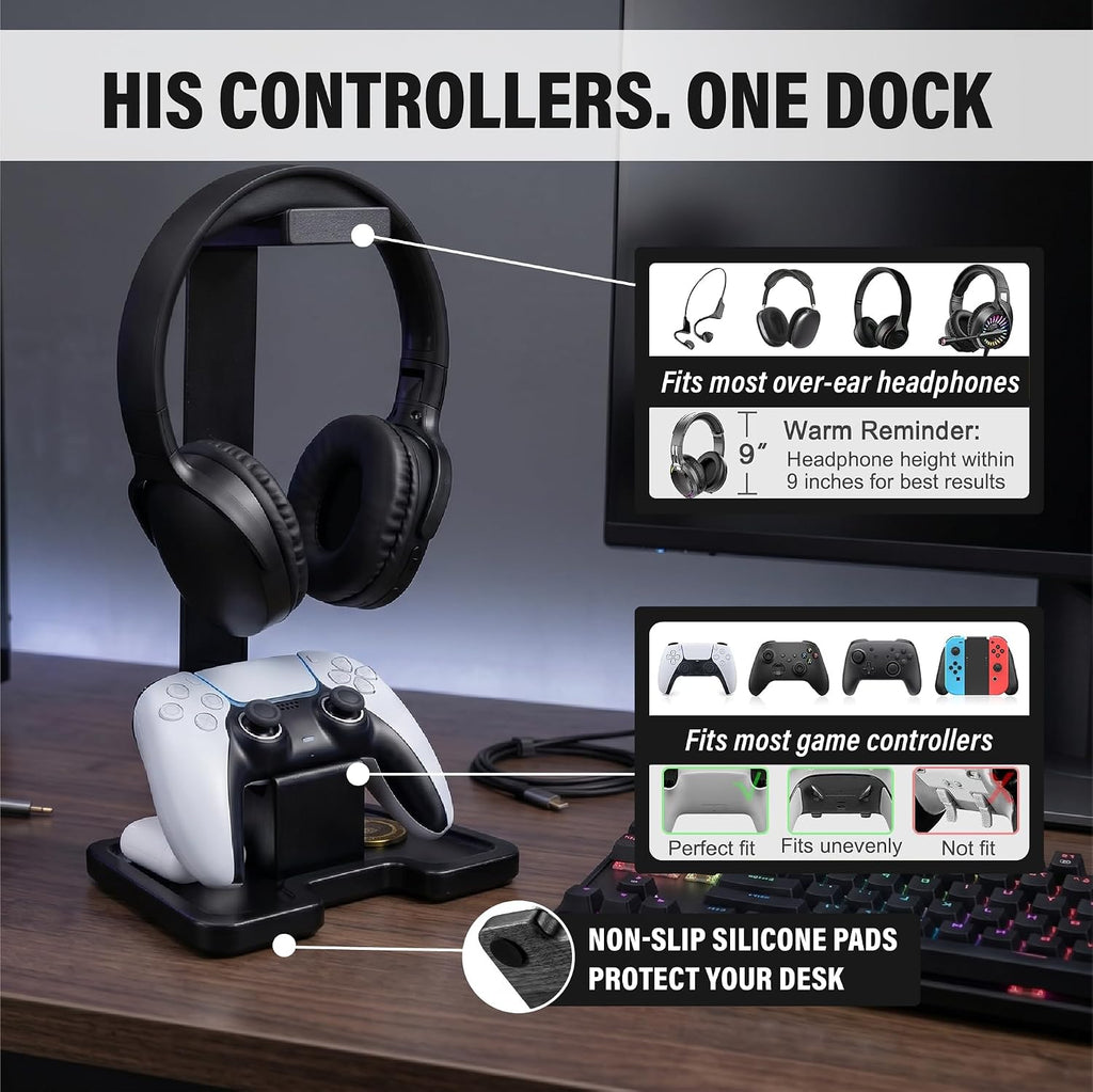 Gaming Accessories Headset Stand with Game Controller Holder & Storage Base, Stylish Gamer Gifts for Men Teenage Boy