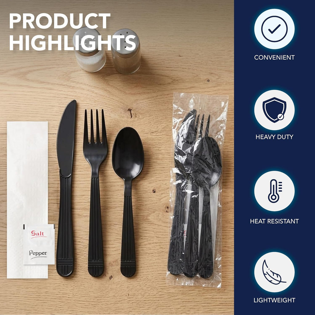 Individually Wrapped Plastic Cutlery Packets/Heavy Duty Silverware Kits, Fork/Spoon/Knife/Napkin/Salt/Pepper, 50