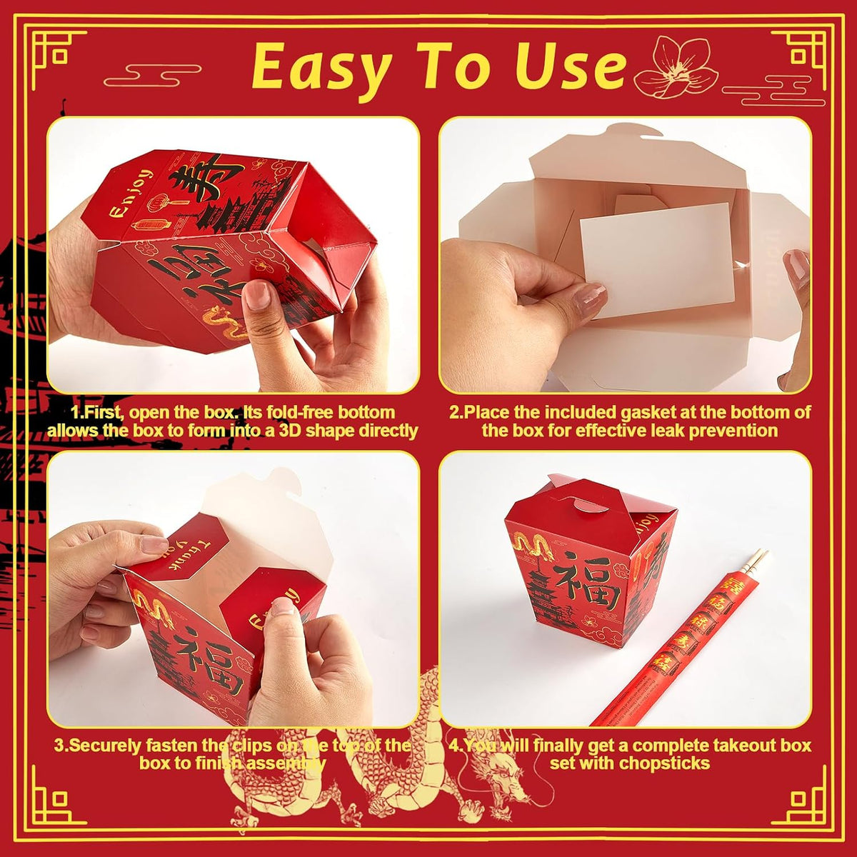 25 Sets Red Chinese Take Out Food Boxes with Chopsticks
