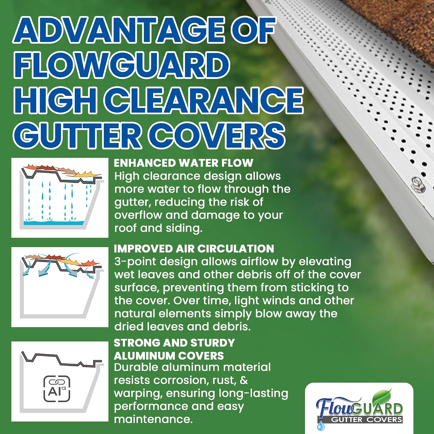 FlowGuard USA Made Professional DIY 5 Inch High Clearance 50-Year Gutter Cover System - White - Aluminum Gutter