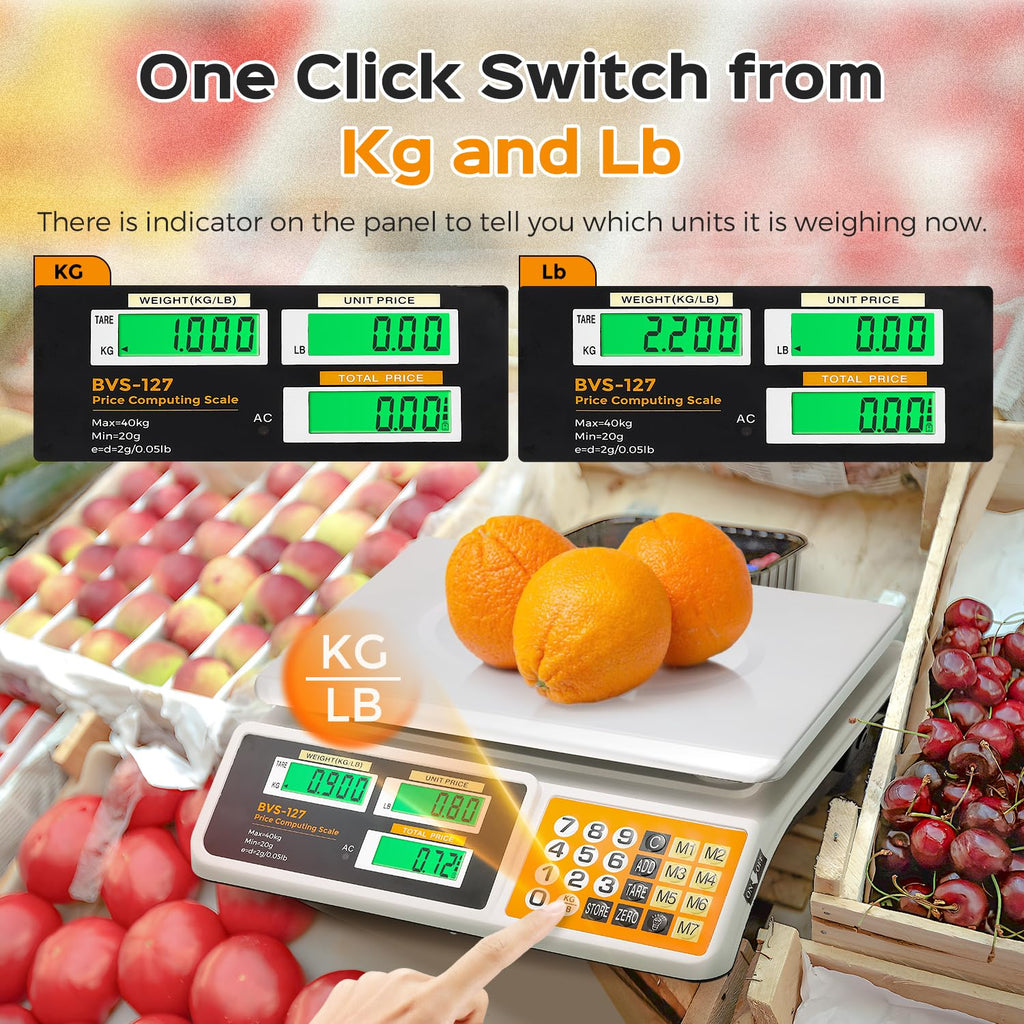 Price Computing Scale 88lb/ 40kg, Commercial Food Weighing Scale 2g Division, Rechargeable Produce Deli Scale with
