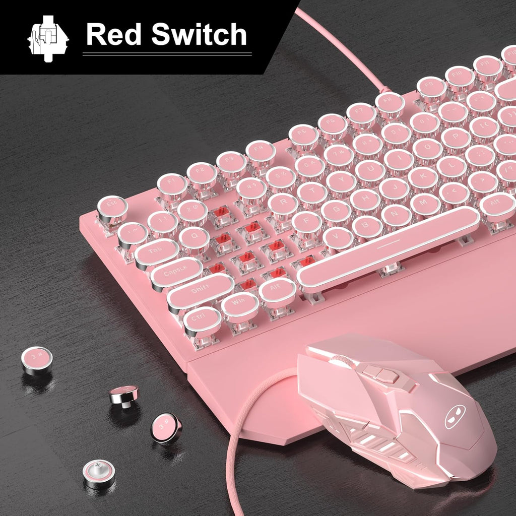 Retro Pink Typewriter-Style Keyboard and Mouse Combo, Cute Light Up Wired Mechanical Keyboard with Linear Red