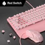 Retro Pink Typewriter-Style Keyboard and Mouse Combo, Cute Light Up Wired Mechanical Keyboard with Linear Red