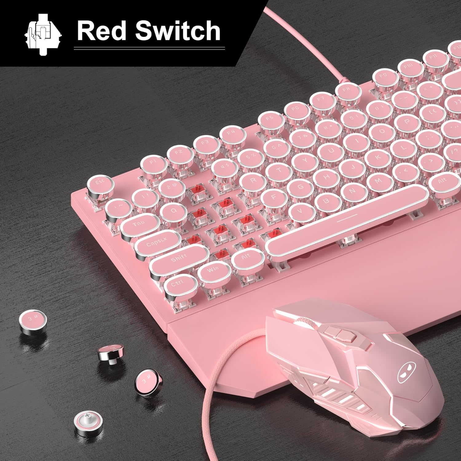 Retro Pink Typewriter-Style Keyboard and Mouse Combo, Cute Light Up Wired Mechanical Keyboard with Linear Red