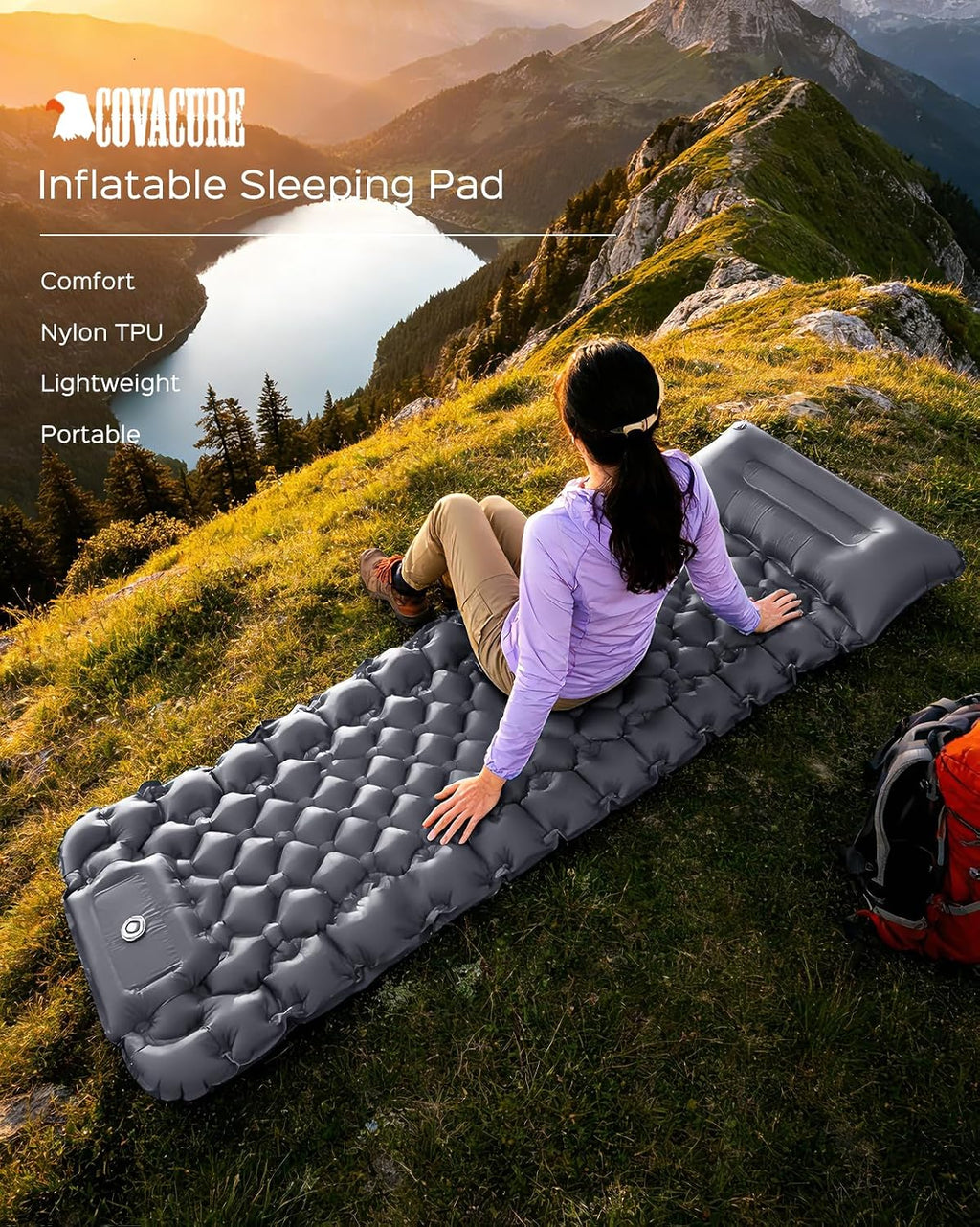 Sleeping Pad, 3.9" Thick Inflatable Mattress with Pillow&Pump | Built-in Pump, Quick Inflate, Button Design Connects
