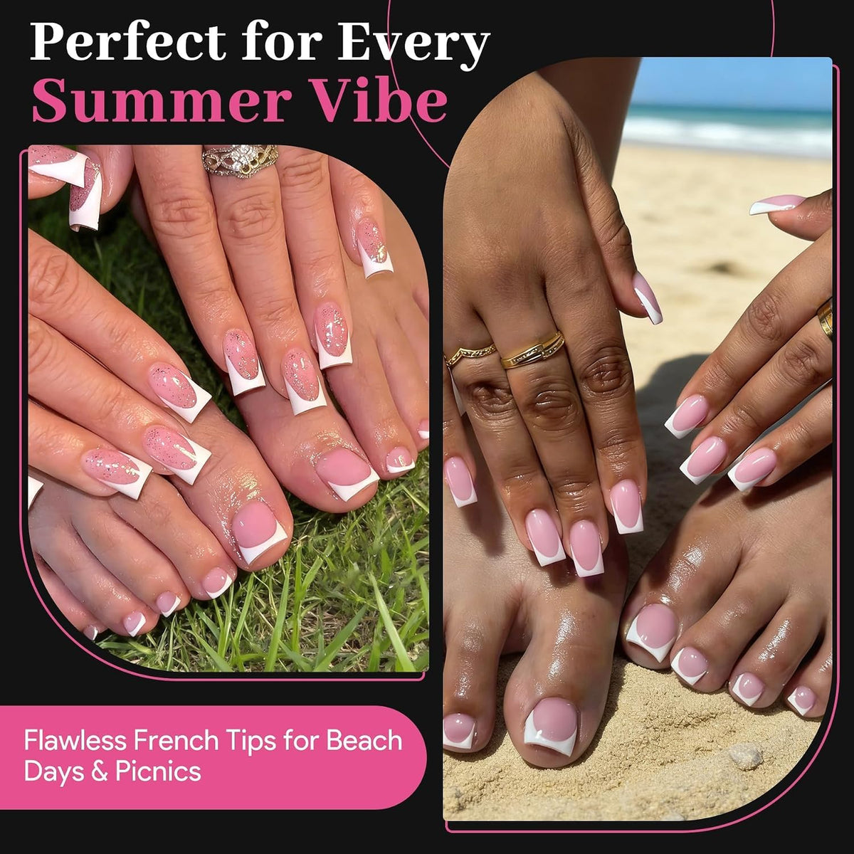 Press on Nails & Toenails, 60Pcs 2-in-1, Light Pink French Tip