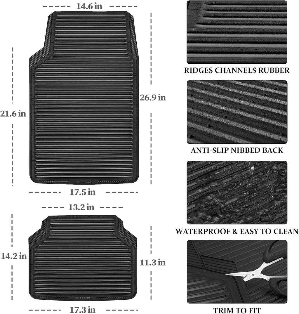 Rubber Floor Mats, All Weather Full Set 4-Piece, Waterproof Automotive Mats Trim to Fit Most Cars Sedans SUVs Vans