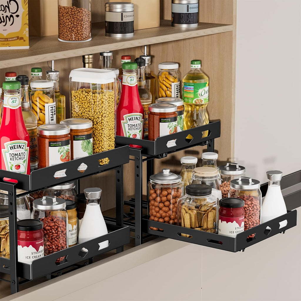Pull Out Spice Rack Organizer for Cabinet, 2 Tier Cabinet Spice Rack Organizer, Height Adjustable Vertical Spice Rack